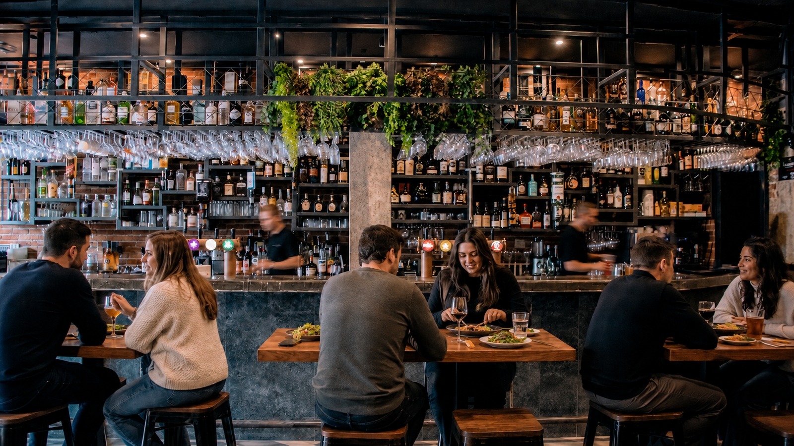 Intérieur chaleureux de Network Gastropub, banquettes en cuir et éclairage tamisé